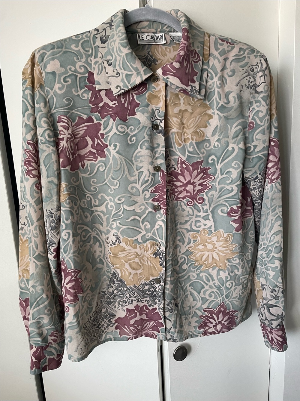 Le Caviar Floral Button-Up Shirt in Sage, Mauve & Beige